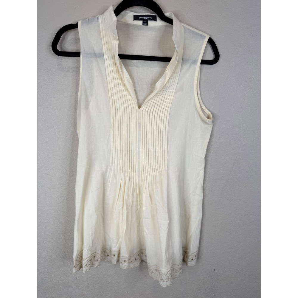 ITRO Womens Sleeveless Pleated Front Blouse‎ Cream Eyelet Scalloped Hem Size S